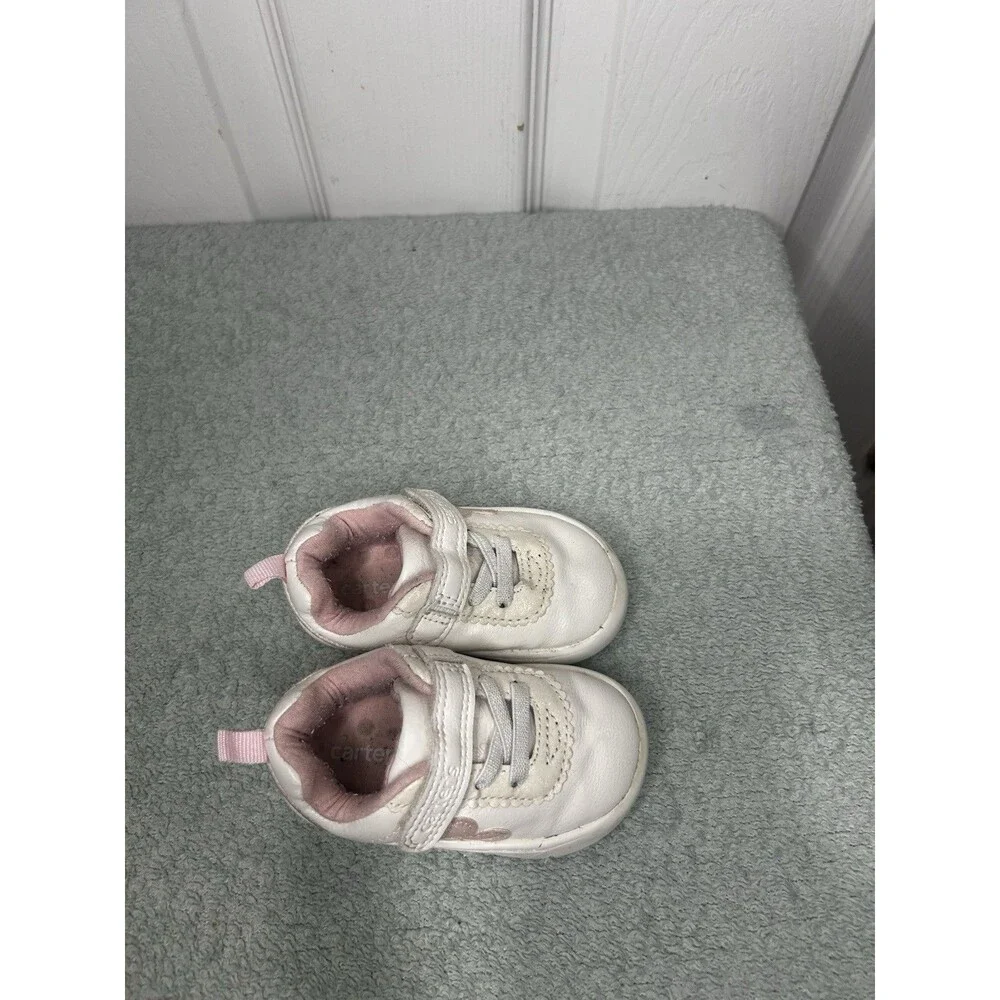 Carter’s Toddler Girls White Pink Heart Hook & Loop Sneakers Size 3.5M